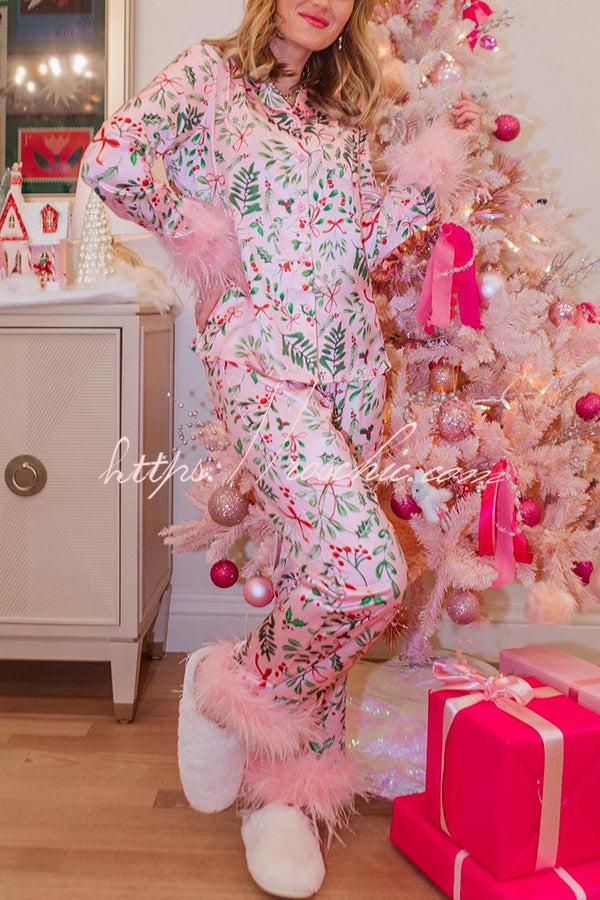 Satin Pajama Set with Feather Trim & Holiday Print