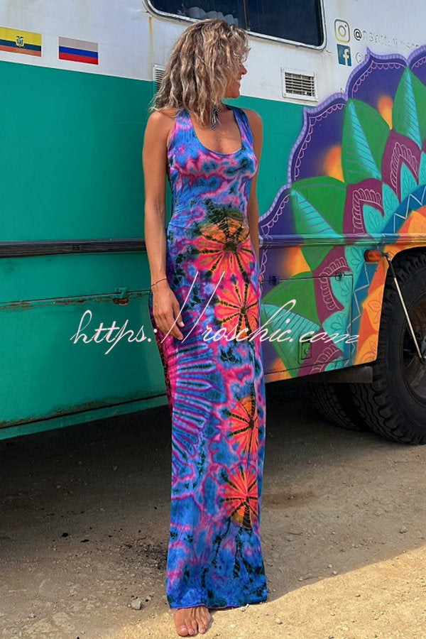 Tie-Dye Print Lace-Up Back Stretch Maxi Dress