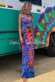 Tie-Dye Print Lace-Up Back Stretch Maxi Dress