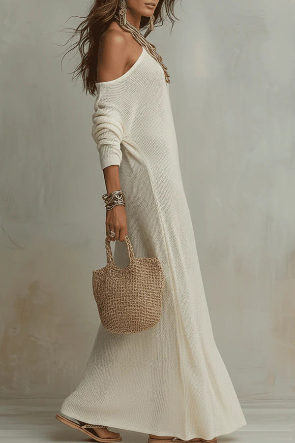 Solid Color Loose Fit Slash Neck Maxi Dress with Slits