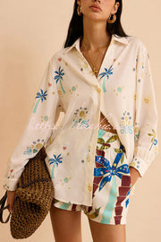 Linen Blend Printed Shirt & Elastic Waist Shorts Set