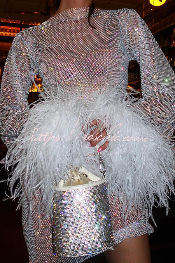 Rhinestone Open Knit Feather Sleeve Party Mini Dress