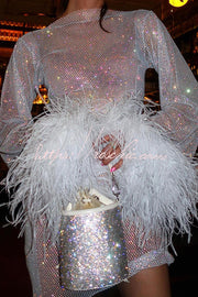 Rhinestone Open Knit Feather Sleeve Party Mini Dress