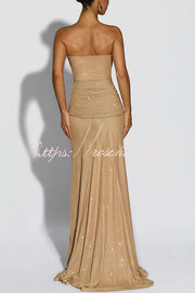 Sequined Mesh Off Shoulder Ruched Maxi Dress for Parties