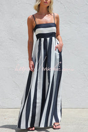 Robe longue rayée color-block avec col carré et poches