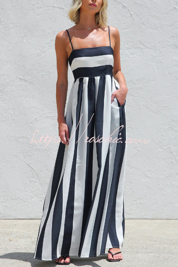Color-Block Striped Maxi Dress with Square Neck and Pockets