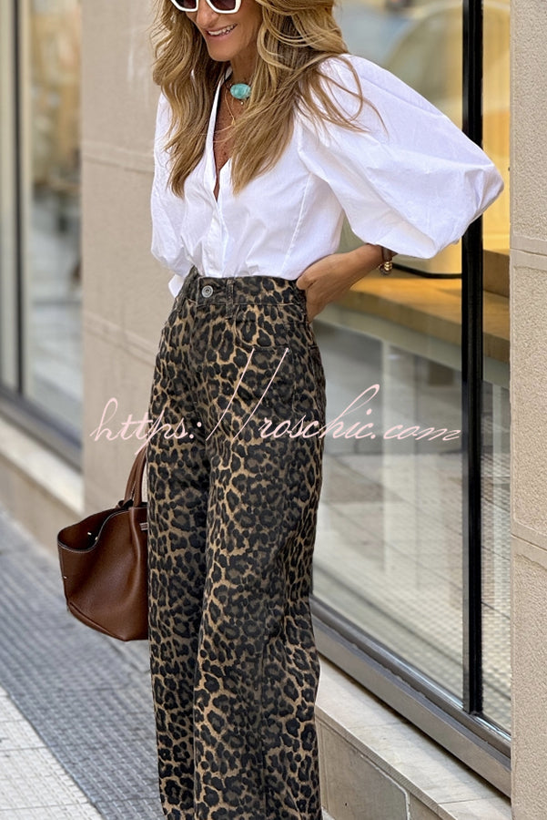 Jean large taille haute imprimé léopard avec poches