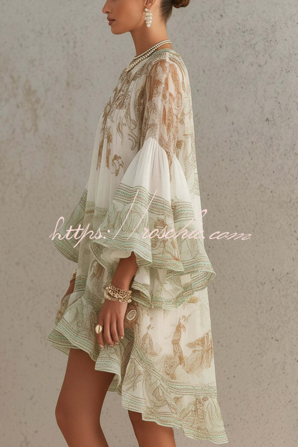 Printed Ruffle Mini Dress with Bell Sleeves