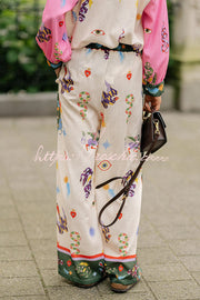 Linen Blend Printed Loose Blouse and Pants Set with Pockets