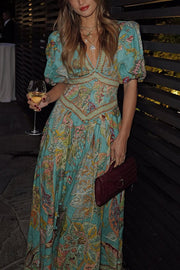 Robe longue en lin mélangé à manches bouffantes avec poches