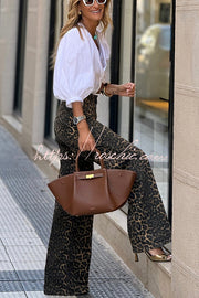 Leopard Print High Rise Wide Leg Jeans with Pockets