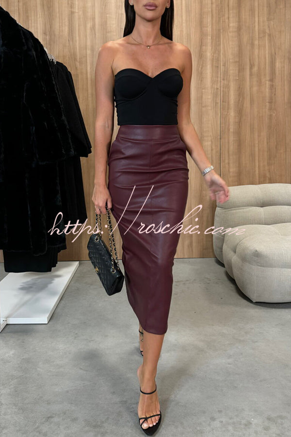 Faux Leather High-Rise Midi Skirt with Pockets and Slit