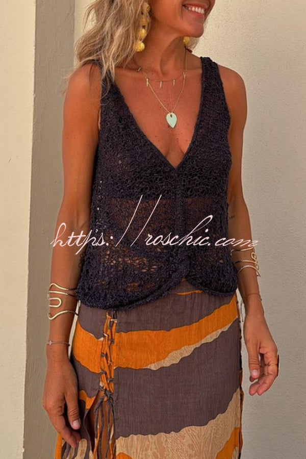 Women's Knit V-Neck Twist Cutout Loose Tank Top