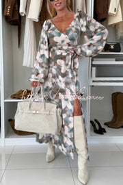 Printed V-Neck Maxi Dress with Waist Tie and Side Slit