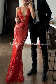 Fish Scale Sequin Cutout U-Neck Slip Maxi Dress