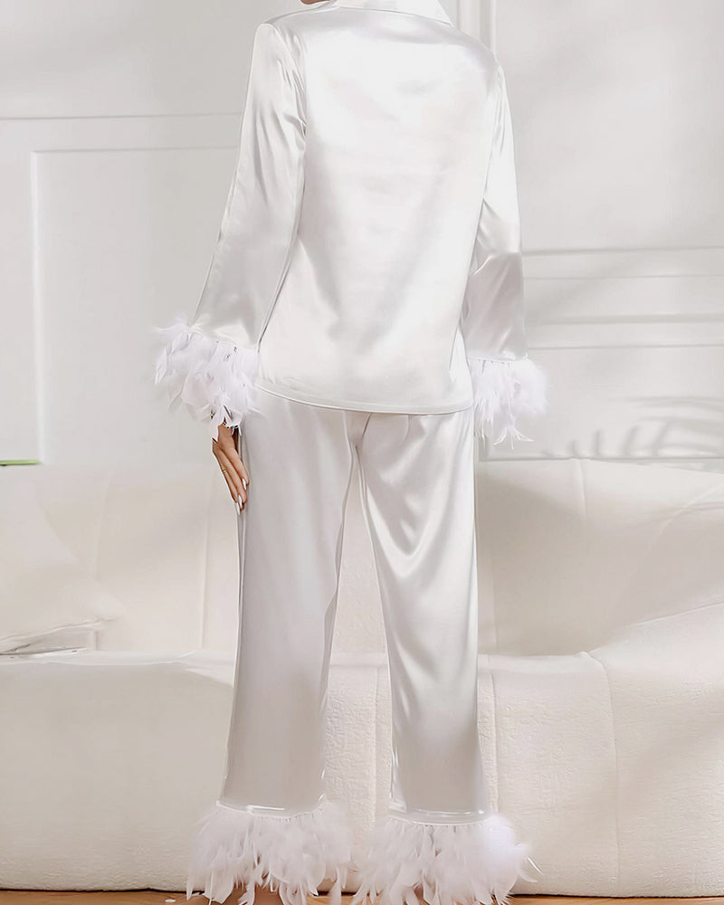 Feather-Trim Ice Silk Pajama Set