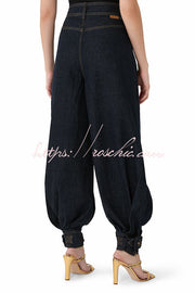 High Rise Denim Harem Pants with Ankle Strap Buckle