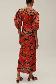 Linen Blend Color Block Puff Sleeve Maxi Dress