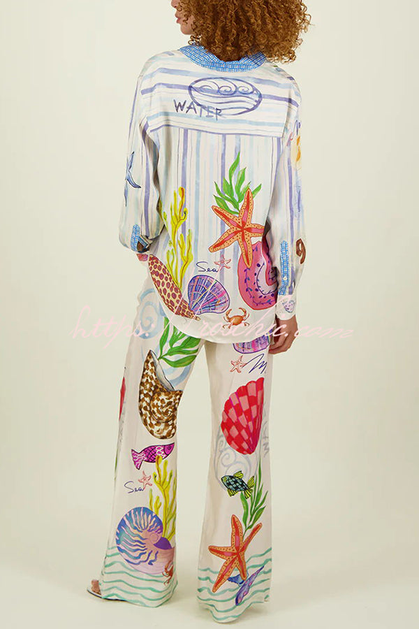 Satin Wide Leg Pants with Marine Print & Elastic Waist