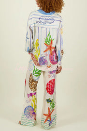 Satin Wide Leg Pants with Marine Print & Elastic Waist