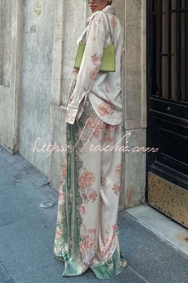 Satin Printed Long Sleeve Shirt and Pants Set, Loose Fit