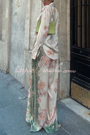 Satin Printed Long Sleeve Shirt and Pants Set, Loose Fit