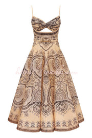 Robe midi smockée en lin mélangé à motif cachemire torsadé dans le dos