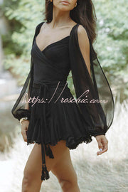 Chiffon Balloon Sleeve Mini Dress with V Neck & Back Lace-Up