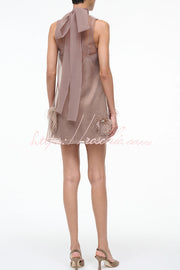 Sheer Chiffon Feather Mini Dress with Back Bow Detail