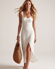 Button-Front Slit Maxi Dress