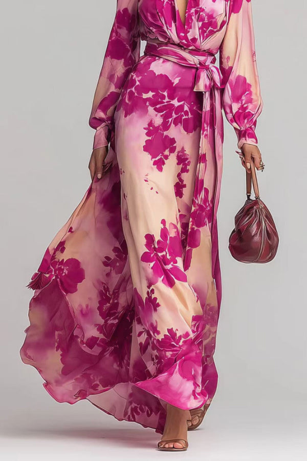 Floral Print Chiffon Maxi Dress | Long Sleeve V-Neck