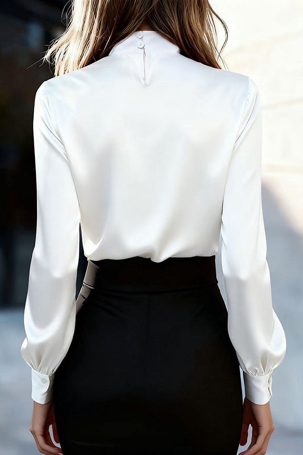 Satin Long Sleeve Tie-Front Shirt | Loose Fit Office Top
