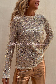 Sequin Long Sleeve Shift Blouse – Loose Fit Party Top