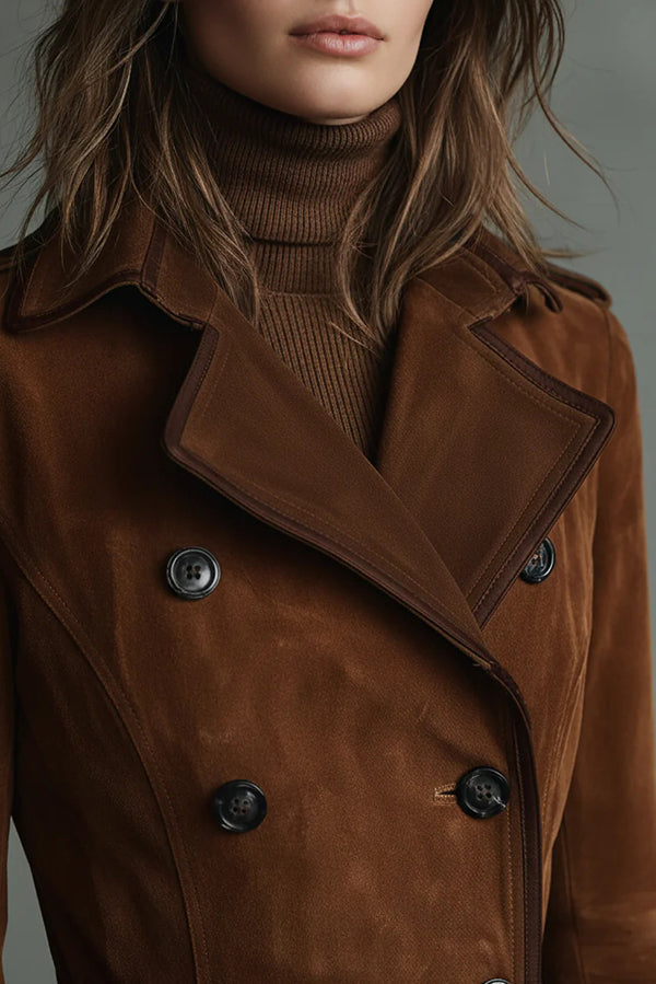Women's Suede Lapel Long Trench Coat with Pockets