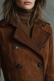 Women's Suede Lapel Long Trench Coat with Pockets