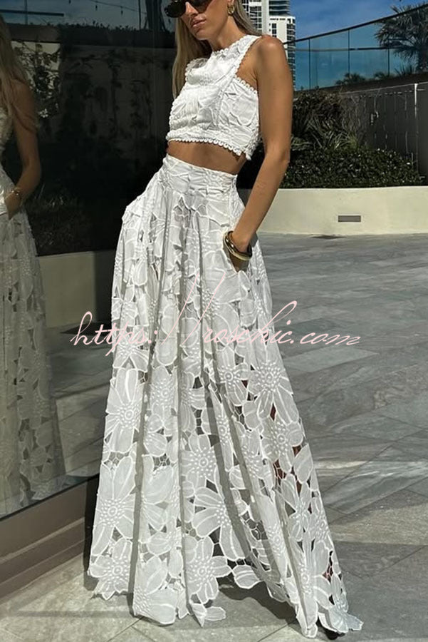 Floral Embroidery Crochet Lace Crop Tank Top, Loose Fit
