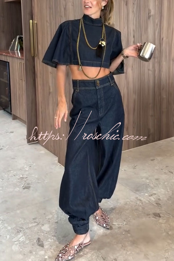 High Rise Denim Harem Pants with Ankle Strap Buckle
