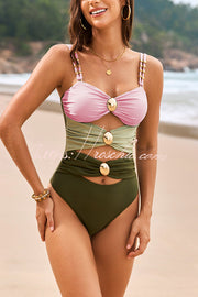 Color-block One-Piece Swimsuit with Metal Button Detail