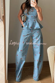 Denim Cherry Print Flare Vest Top | Sleeveless Casual
