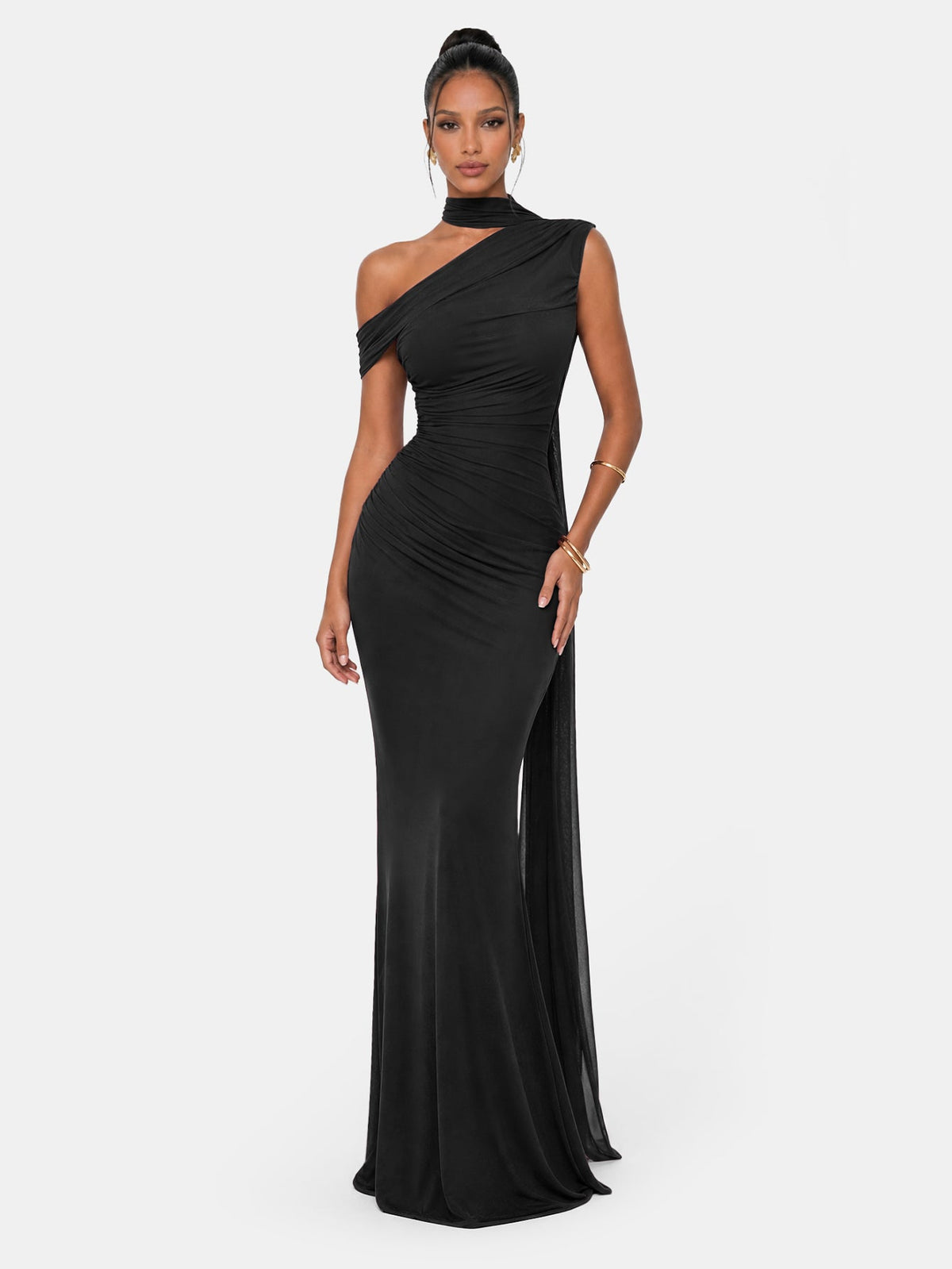 One Shoulder Formal Evening Gown with Built-In Bra, Ruched Mesh