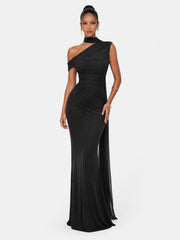 One Shoulder Formal Evening Gown with Built-In Bra, Ruched Mesh