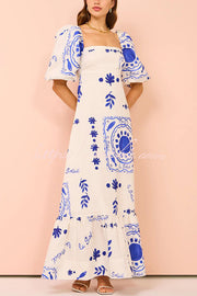 Sherbert Linen Blend Square Neck Bubble Sleeve Maxi Dress