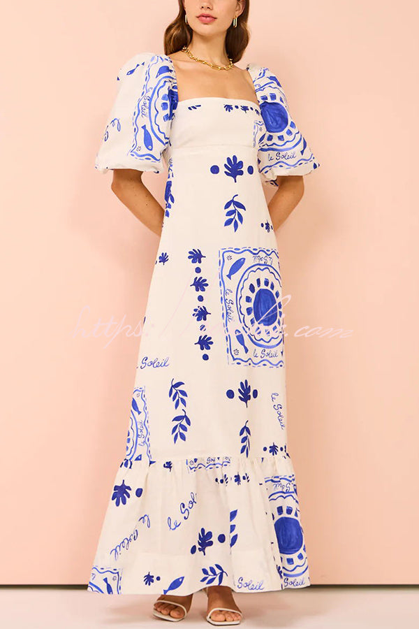 Sherbert Linen Blend Square Neck Bubble Sleeve Maxi Dress