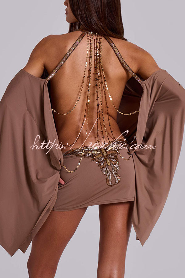 Butterfly Embroidered Sequin Chain Backless Mini Dress