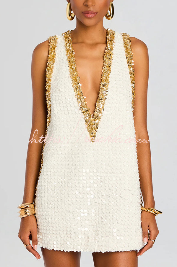 Sequin Colorblock V-Neck Sleeveless A-Line Mini Dress