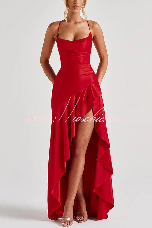 Backless Lace-Up Ruffle Maxi Dress – Spaghetti Strap