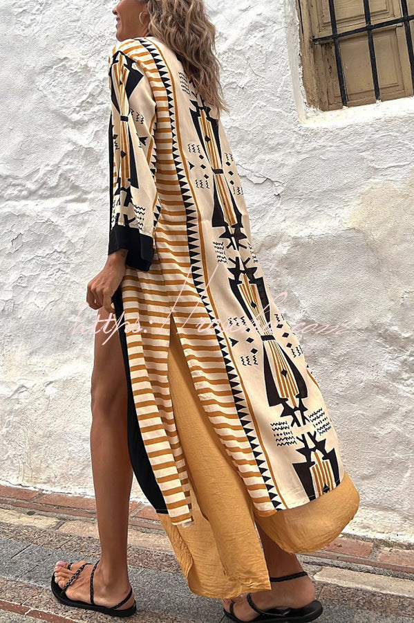 Retro Geometric Print Open Front Duster Kimono Cardigan