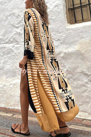 Retro Geometric Print Open Front Duster Kimono Cardigan