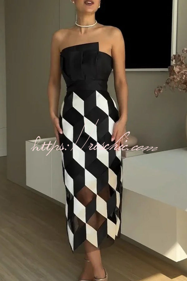Backless Rhombus Print Midi Dress – Off Shoulder Slim Fit