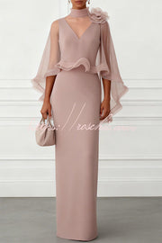 3D Floral Mesh Mock Neck Cape Sleeve Maxi Gown